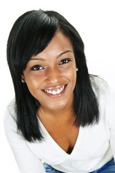 Smiling black woman portrait isolated on white background