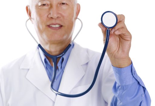 Stethoscope in a Asian senior male doctor hand
