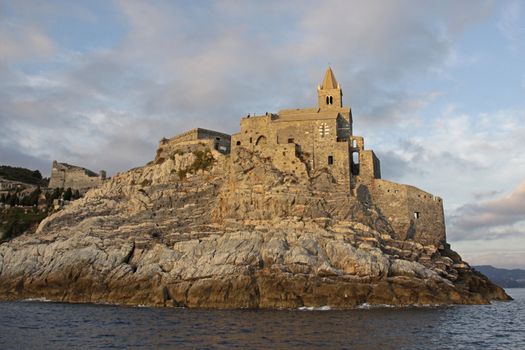 The Church of St. Peter (San Pietro) sitting on the cliff in Portovenere, Liguria, Italy.
