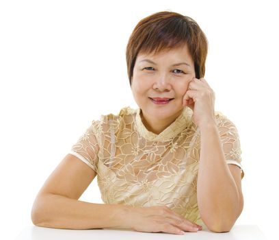 50s mixed race Asian mature woman isolated on white background