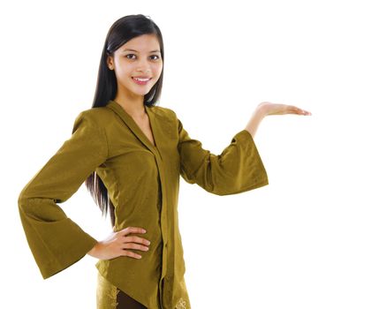 Mixed race Asian showing her empty palm on white background