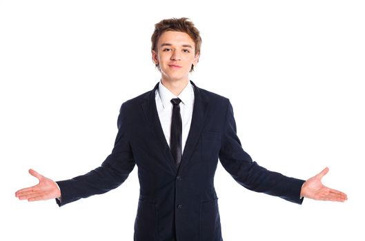 Portrait of a teenage boy in a business suit. Isolated on white background.