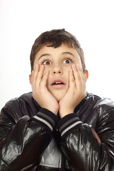 boy with bored expression on face over white 