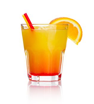 Orange alcohol cocktail with orange fruit slice isolated on white background