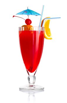 Red alcohol cocktail with orange slice and umbrella isolated on white background