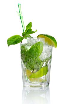 Alcohol mojito cocktail with fresh mint isolated on white background