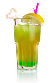 Green alcohol cocktail with lemon slice isolated on white background