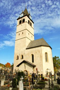 Vertical view of Church of our lady and cemetery (liebfrauenkirche) - Kitzbuhel Austria