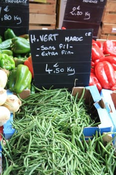 Haricots verts or common green beans on a local market in the Provence, France