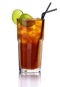 Glass of alcohol cocktail with lime isolated on white background