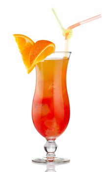 Orange alcohol cocktail with fruit slices isolated on white 