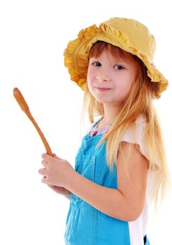 Small beauty girl with big wooden spoon on white background