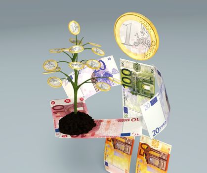 a character made of euro banknotes brings in its hands a small one euro tree planted on little soil