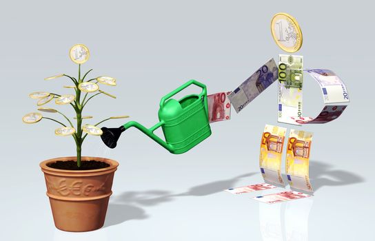 A small tree with one euro coin instead of leaves in a vase, is watered with a watering can by a character man made by euro banknotes and one euro coin as his head