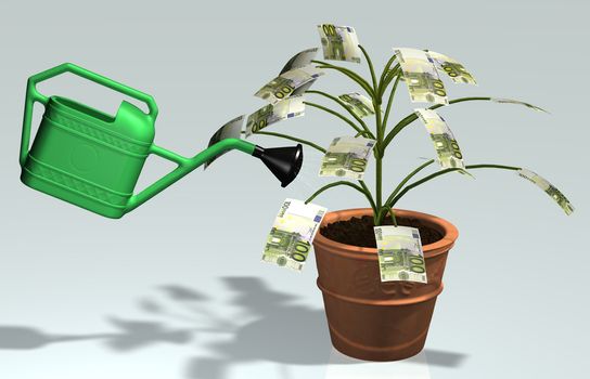 A small tree with 100 euro banknotes instead of leaves, planted in a vase, is watered by a green watering can