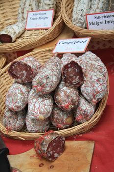 Traditional made sausages on a French market in the Provence
