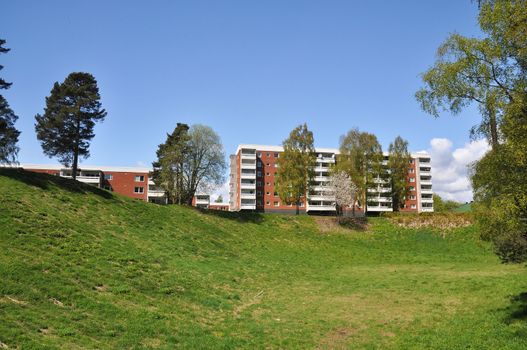 Apartment building, typical architecture in a swedish suburb from the 1970's.