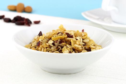 delicious and healthy wholegrain muesli breakfast, with lots of dry fruits, nuts and grains