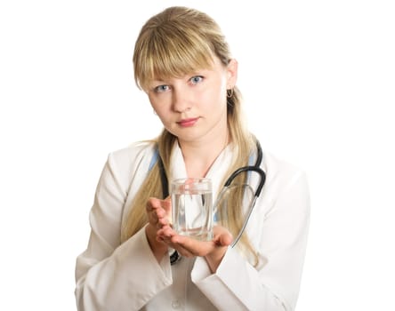  young woman doctor offers  glass of water