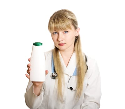 woman doctor holds a bottle in his hand with cosmetic