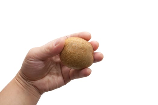 kiwi fruit in his hand on a white background