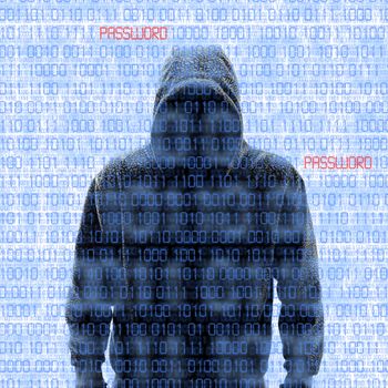 Silhouette of a hacker isloated on white with binary codes on background