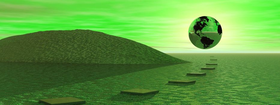 Steps to the earth which is in front of the sun in a green background