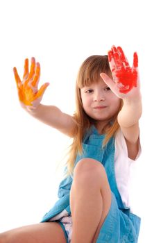 Small playful beauty girl with many-coloured hands on white background