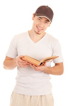 Smiling young casual men with a book on white background