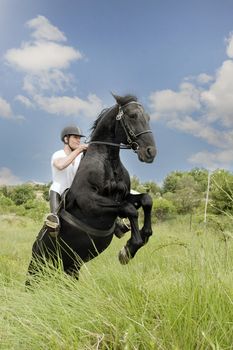 young man and his black stallion in  a field