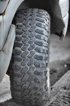 Front wheel off-road vehicle tread close up