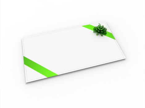 Blank greeting card (for greeting or congratulation) with green ribbon and bow