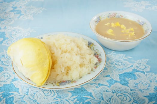 Durian sticky rice on the blue table