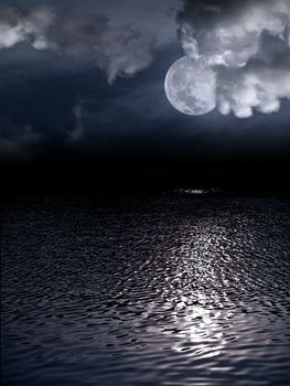Beautiful full moon behind fantasy cloudy sky over water with reflection