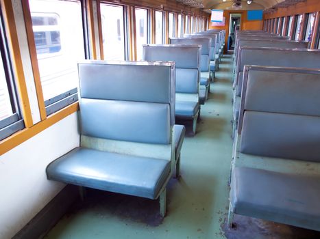 Inside of a vintage train passenger carriage in Thailand