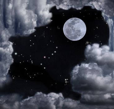 Beautiful sky with full moon, stars, some constellation and fantasy cloudy
