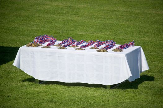 Many golden sport medals on table at green gras of footbal field