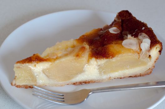 Slice of delicious apple pie with fork on plate