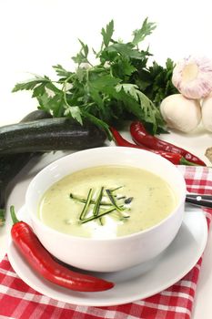 a bowl of zucchini creme soup with fresh julienne