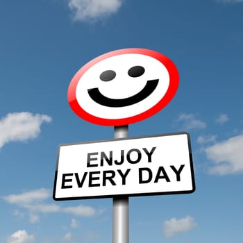 Illustration depicting a road traffic sign with a happiness concept. Blue sky background.