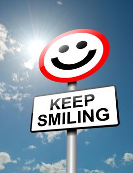 Illustration depicting a road traffic sign with a keep smiling concept. Blue sky and sunlight background.