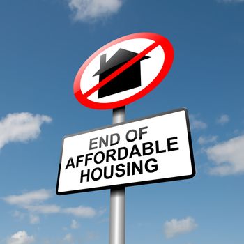 Illustration depicting a road traffic sign with an affordable housing concept. Blue sky background.