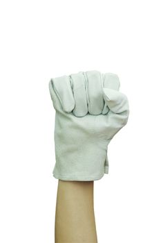 Hand with work glove Raised fist 
Isolated on white background.