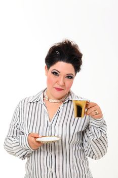 Pretty plus size woman with gold cup of coffee