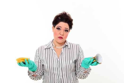 Woman in carrier cleaning a gold mug