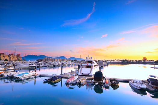 yachts in the golden coast sunset ,in hongkong 