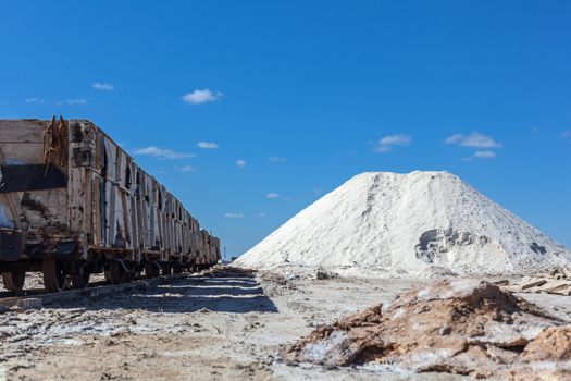 Big pile of freshly mined salt, set against a blue sky