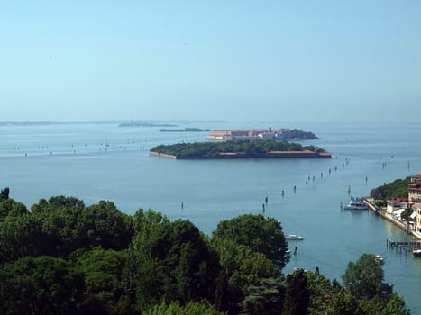 View on Venetian Lagoon and islands from Campanile San Giorgio Maggiore. 