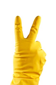 Yellow rubber glove with victory sign
