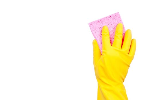 Yellow rubber glove with pink sponge on transparent background